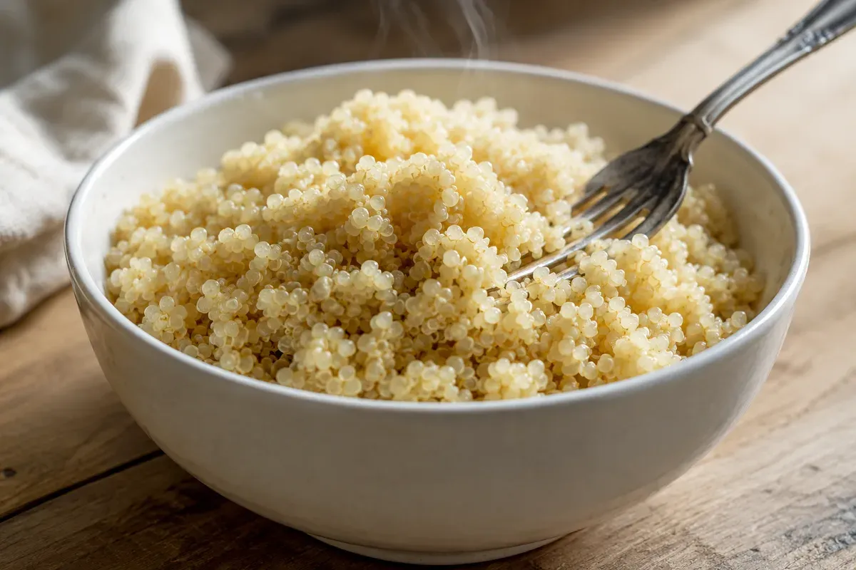 A bowl of fluffy cooked white quinoa, each grain showing its white spiral, with a fork