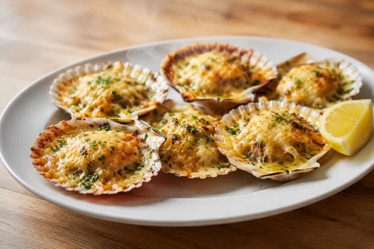 Conchitas a la parmesana, scallops broiled with parmesan on the half shell