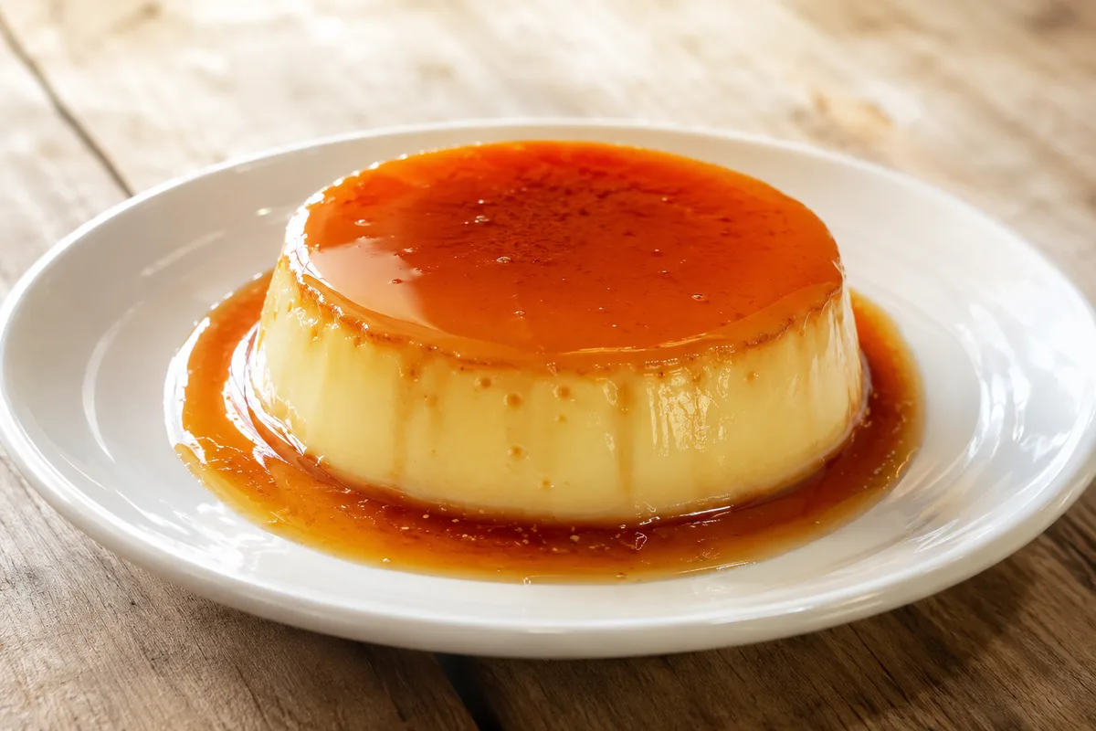 A slice of crema volteada, custard with caramel sauce