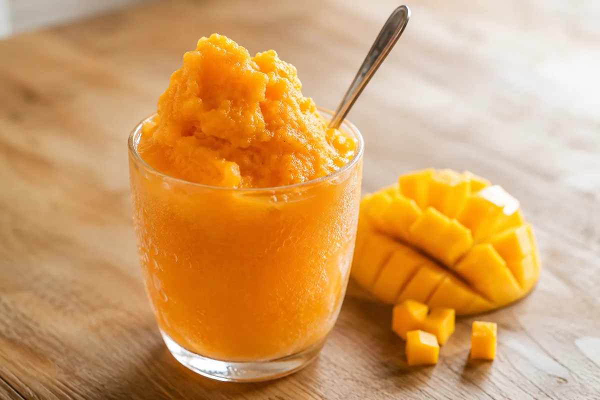 A glass of cremolada, thick shaved ice fruit drink