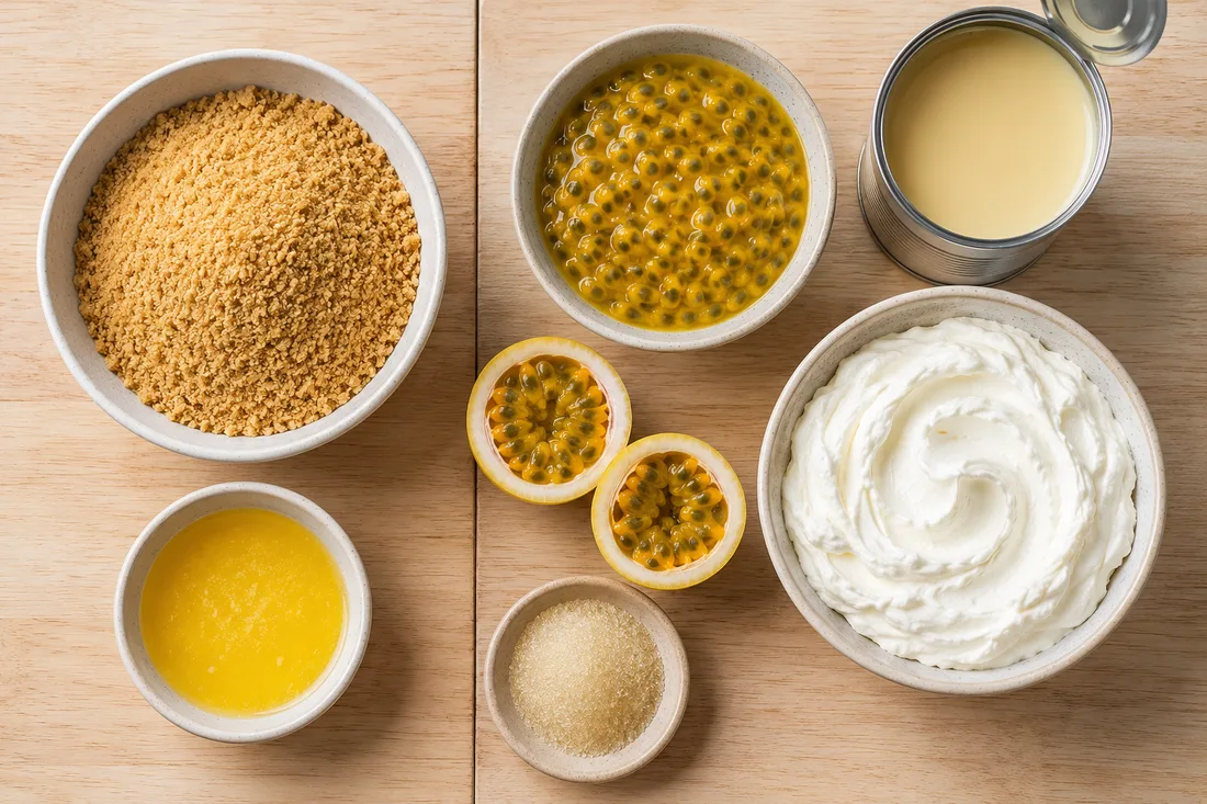 Passion fruit, condensed milk, cream and crushed biscuits before assembling