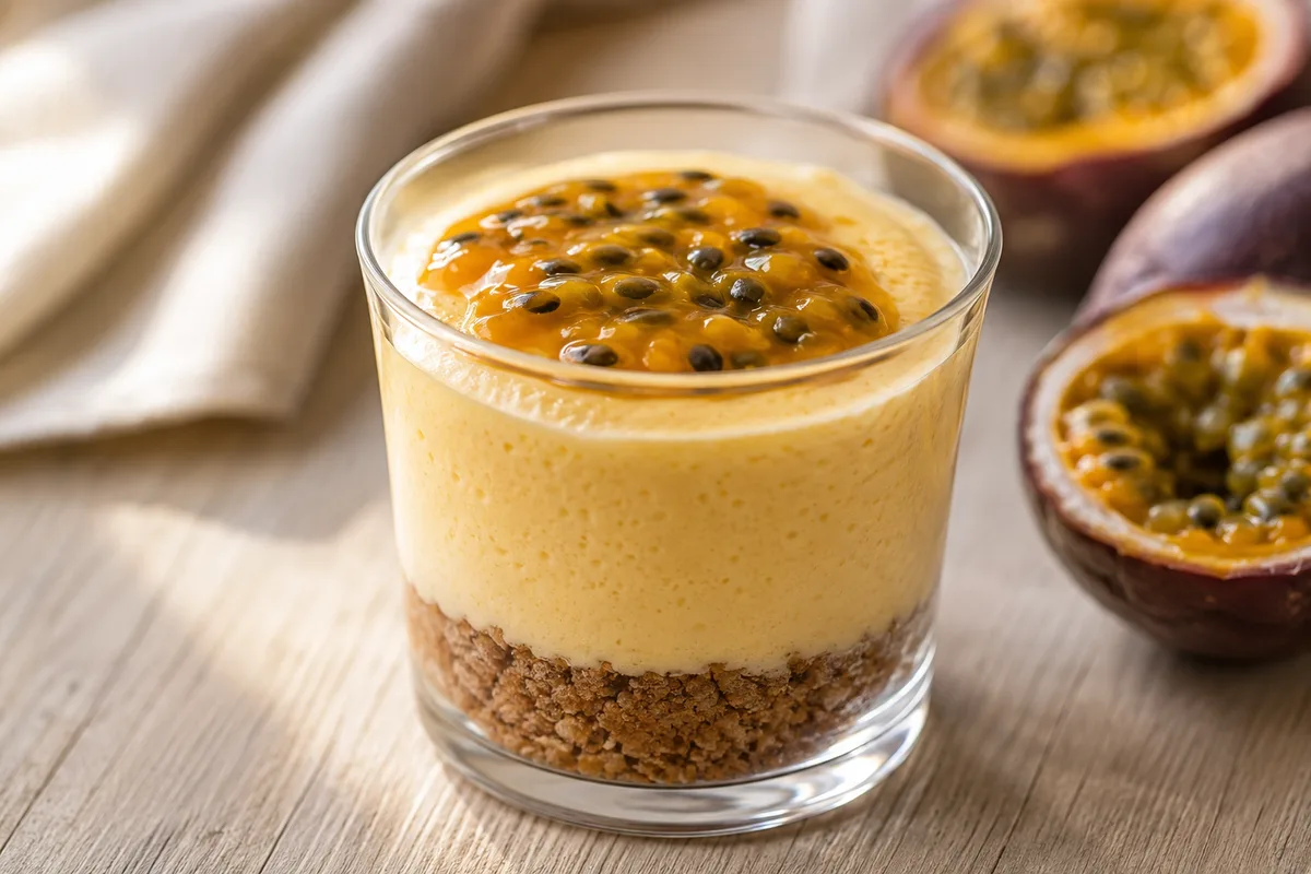 Delicia de maracuyá in a glass, passion fruit mousse over a biscuit base