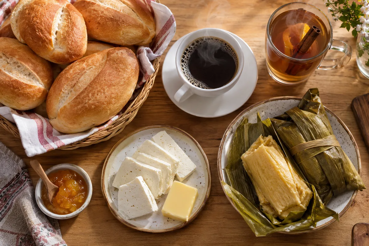 A full Peruvian breakfast table with tamales, bread, coffee and a mug of quáker