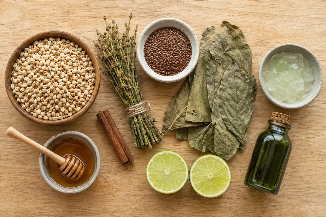 Barley, whole flaxseed, dried horsetail, dried leaves, a cinnamon stick, honey, limes, aloe gel and a bottle of alfalfa extract