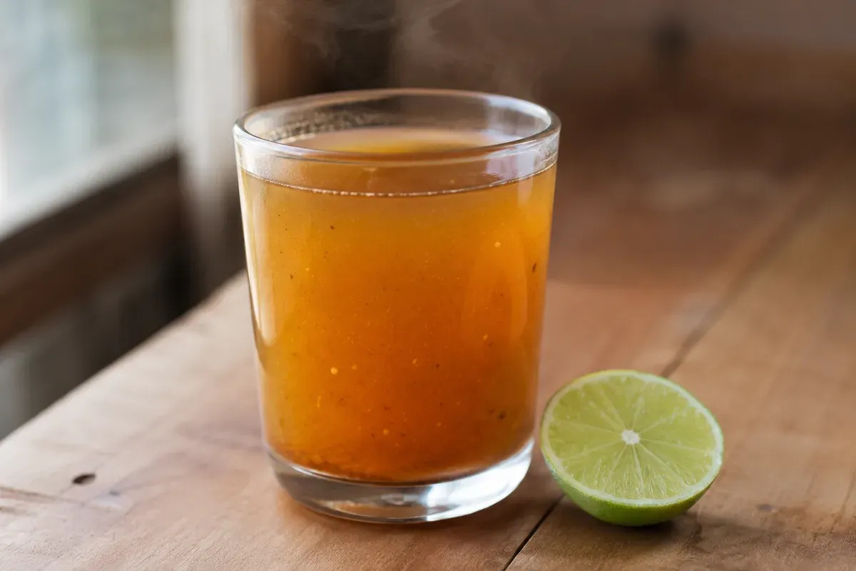 A steaming glass of golden-amber emoliente beside a halved lime on a wooden table