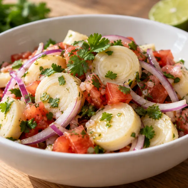 Ensalada de chonta, sliced palm heart salad