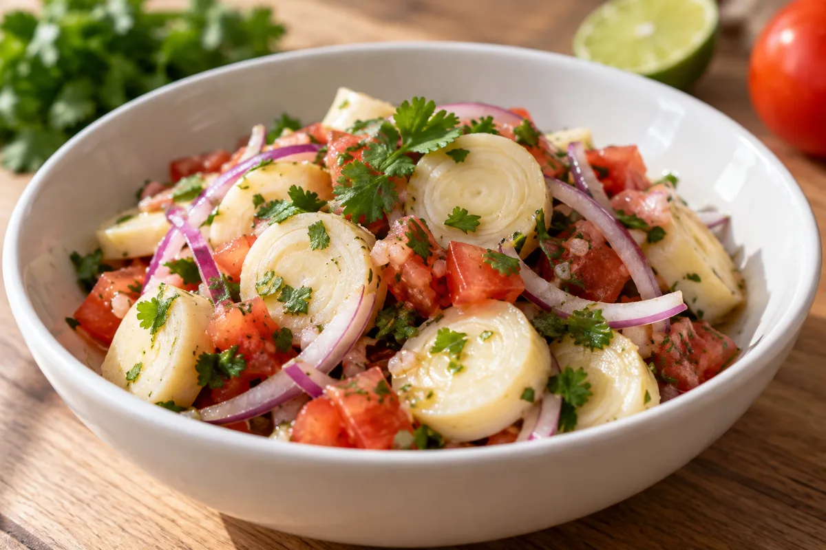 Ensalada de chonta, sliced palm heart salad