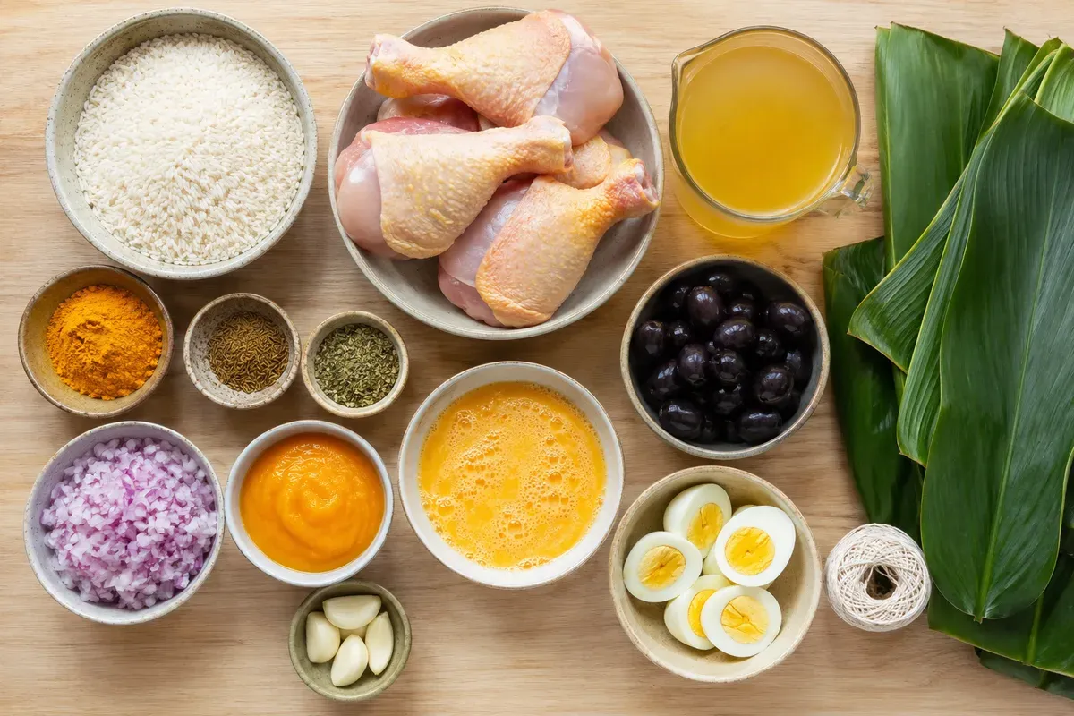 All the ingredients for juane laid out: chicken thighs, rice, turmeric, cumin, oregano, onion, eggs, olives, broth and bijao leaves