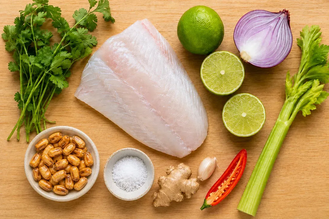 A fresh white fish fillet, limes, red onion, celery, ginger, garlic, red ají, cilantro, salt and toasted corn