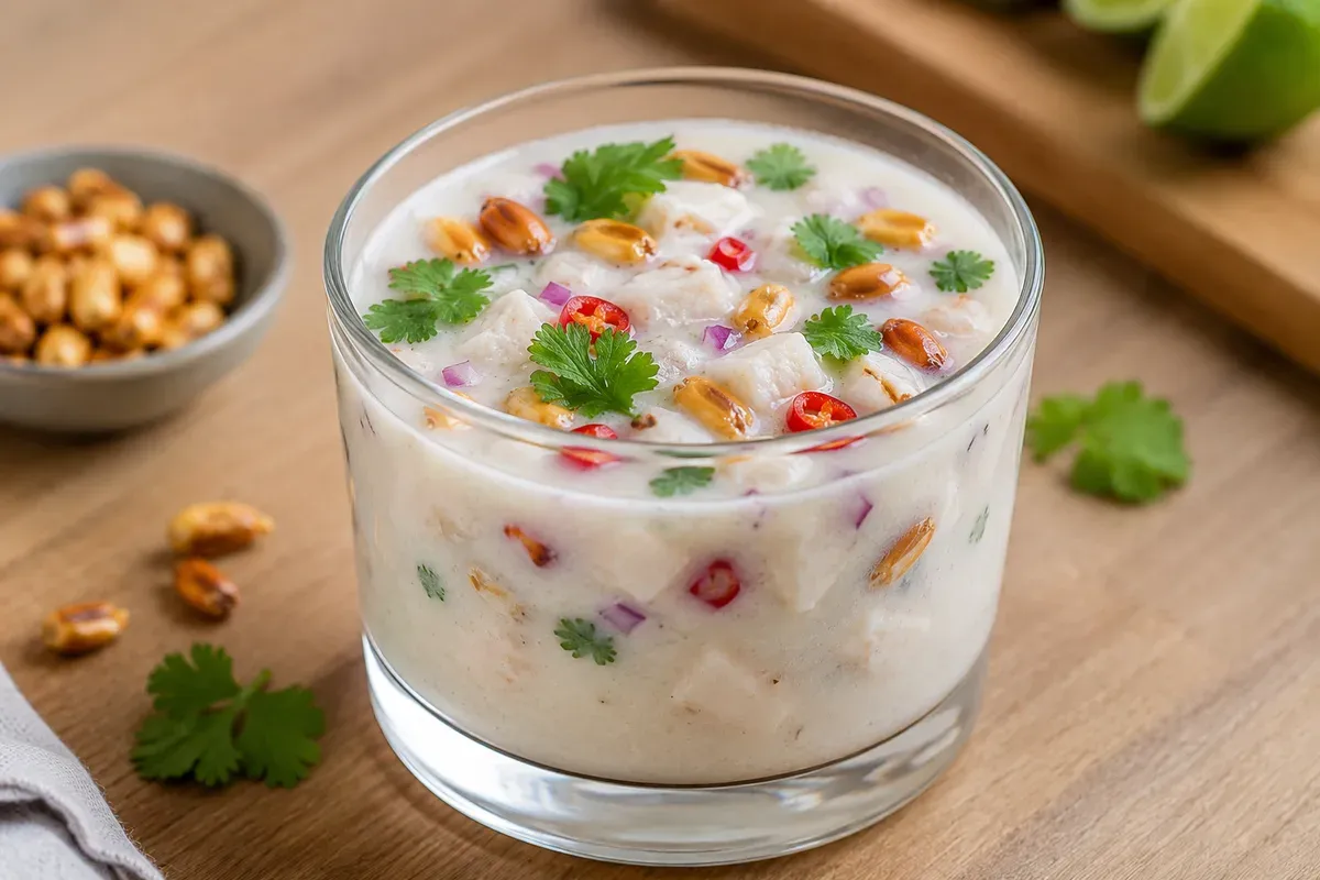 A small glass of cloudy leche de tigre topped with fish cubes, red onion, ají, cilantro and toasted corn