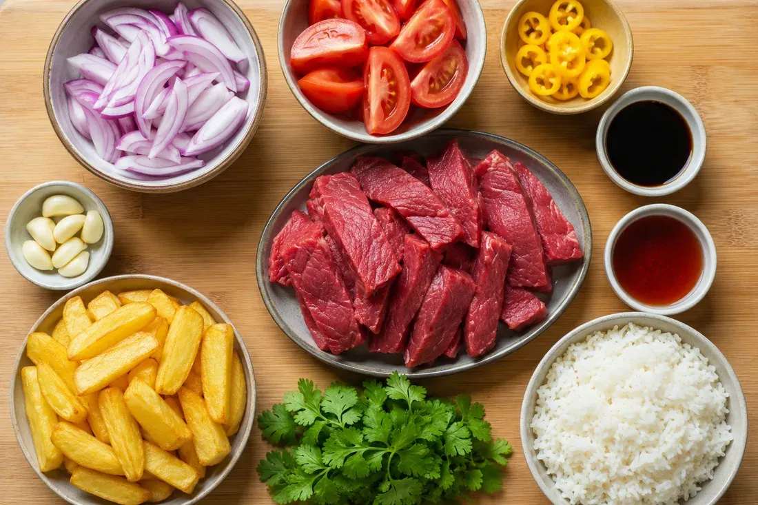 Beef strips, red onion, tomato wedges, ají amarillo rings, garlic, soy sauce, red wine vinegar, fries, cilantro and white rice