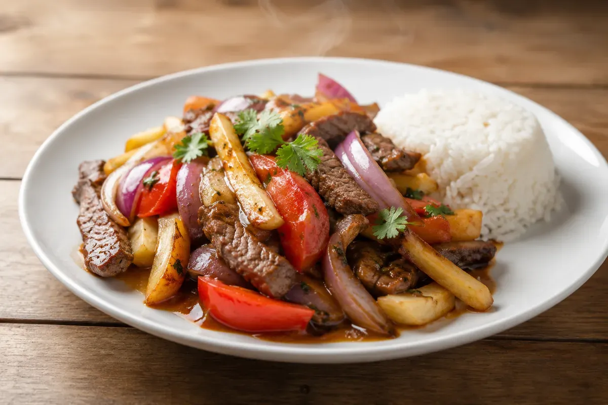 A plate of lomo saltado: seared beef with red onion, tomato and fries in a glossy sauce, beside white rice