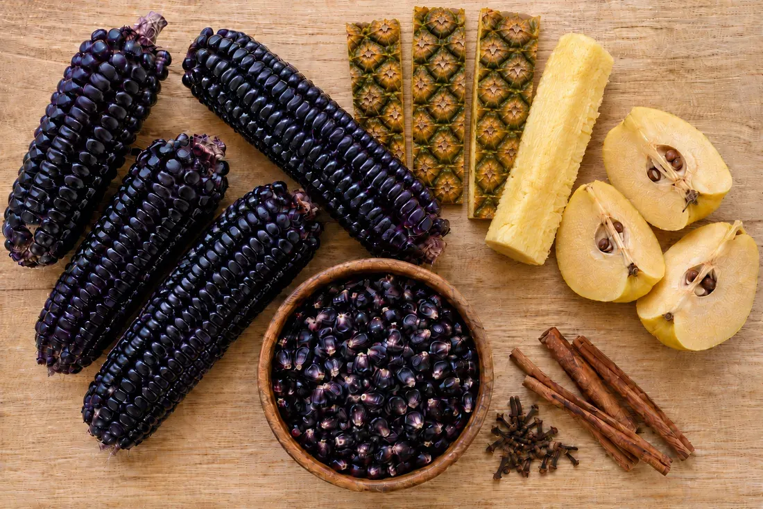 Dried ears of purple corn with cob pieces, ready for the pot