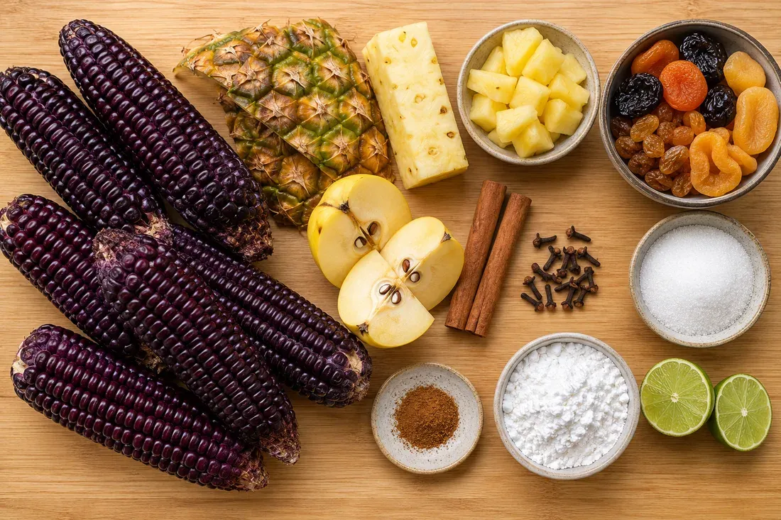 Dried purple corn cobs, pineapple, quince, cinnamon and cloves, dried apricots and prunes, sugar, sweet potato starch and lime