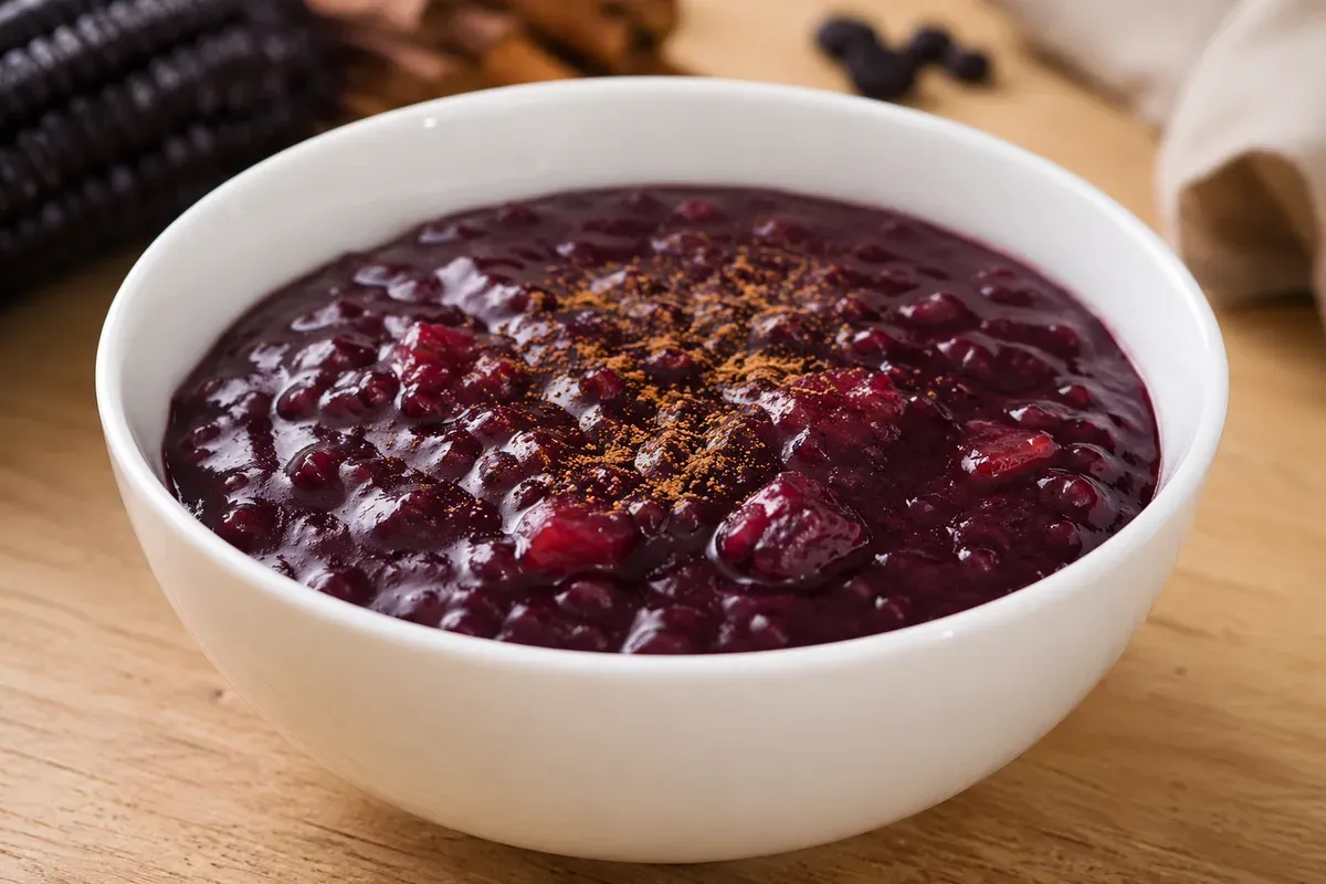 A bowl of glossy deep-purple mazamorra morada with pieces of fruit, dusted with ground cinnamon