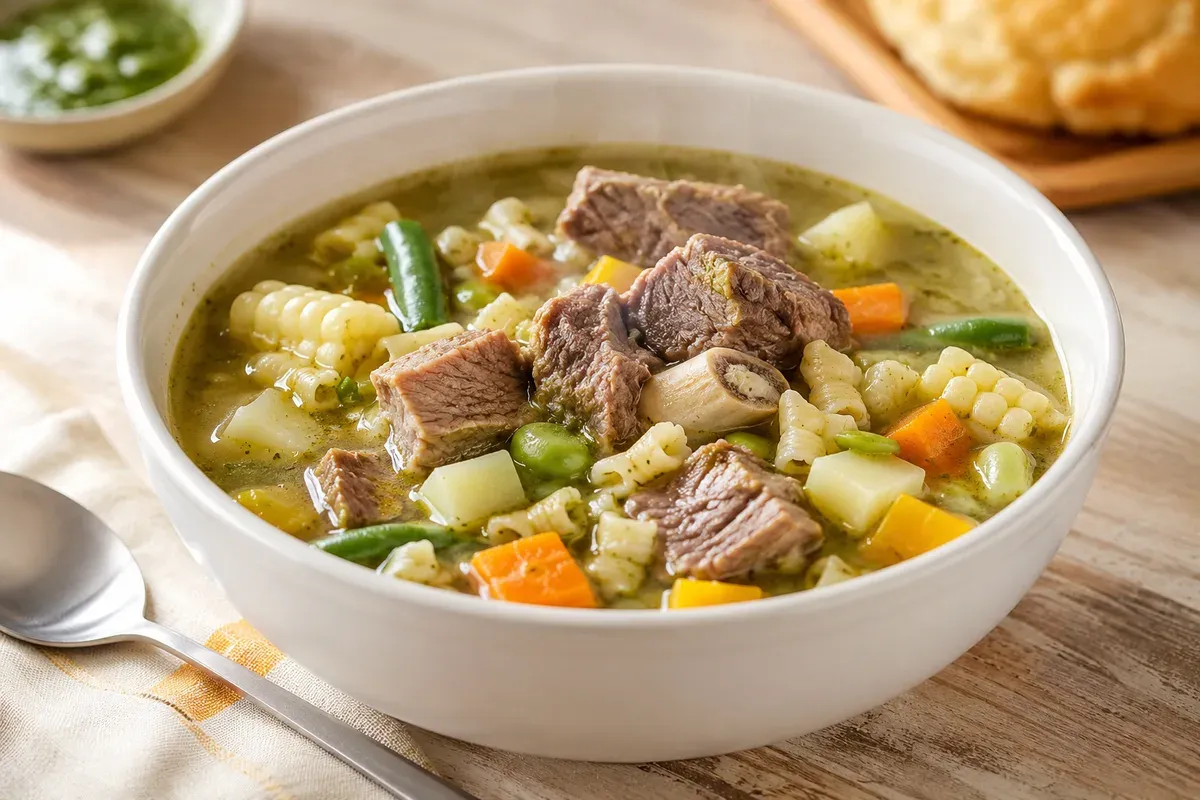 A green-tinted hearty soup with beef, vegetables, noodles and fresh cheese