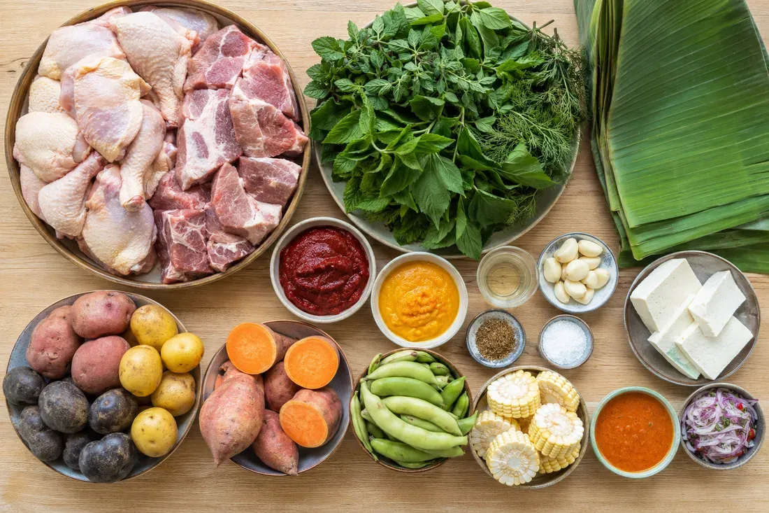 Chicken and pork, huacatay and herbs, ají panca and amarillo pastes, garlic, fresh cheese, native potatoes, sweet potato, carrot, fava beans, corn and banana leaves