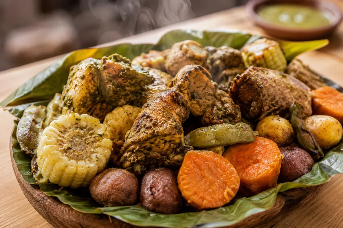 A banana-leaf-lined platter of pachamanca: herb-marinated chicken and pork with native potatoes, sweet potato, fava pods and corn