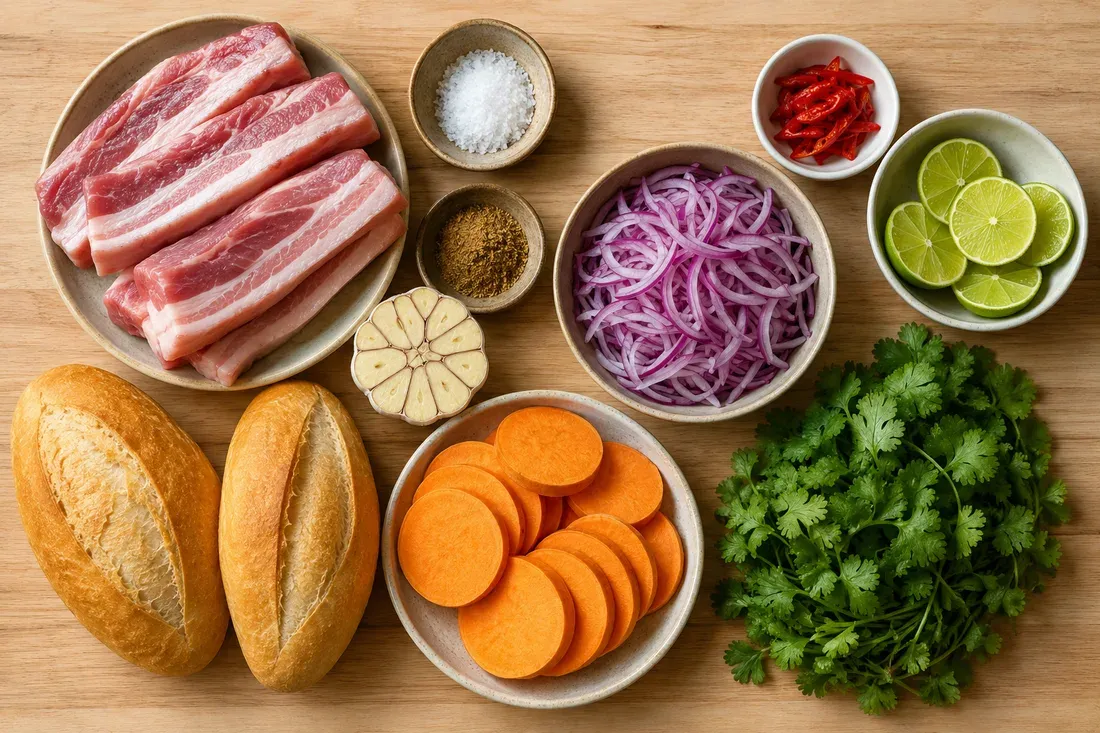 Pork belly, sweet potato and crusty rolls laid out before boiling and frying