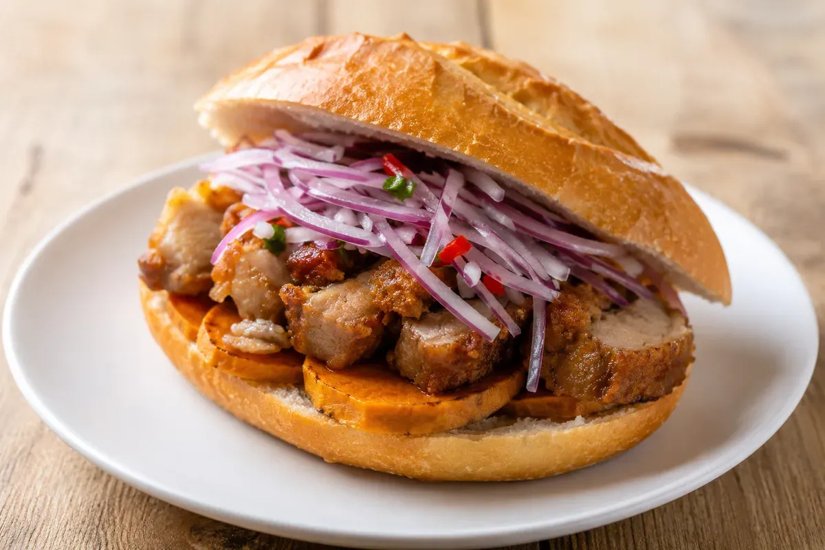 A crusty roll stacked with fried pork, sweet potato slices and salsa criolla