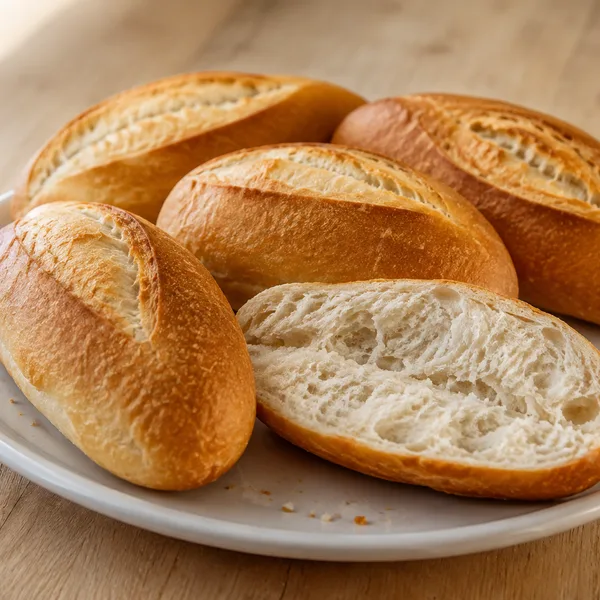 A basket of golden pan francés rolls, crusty outside with a torn-looking top