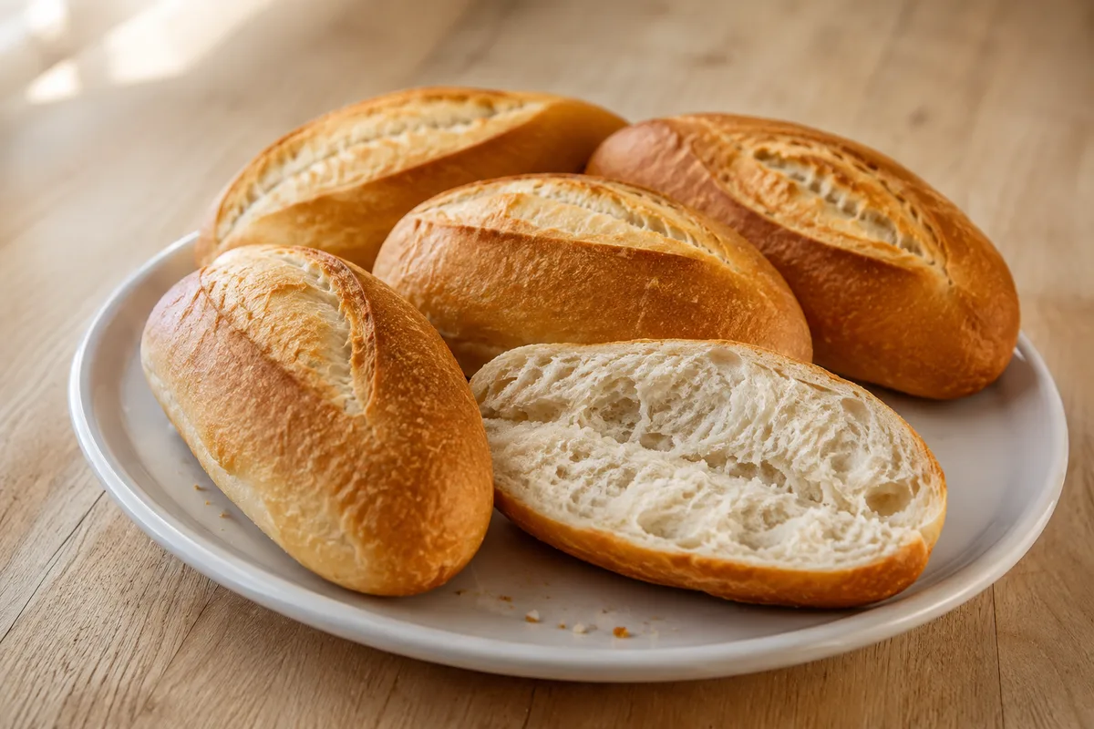 A basket of golden pan francés rolls, crusty outside with a torn-looking top