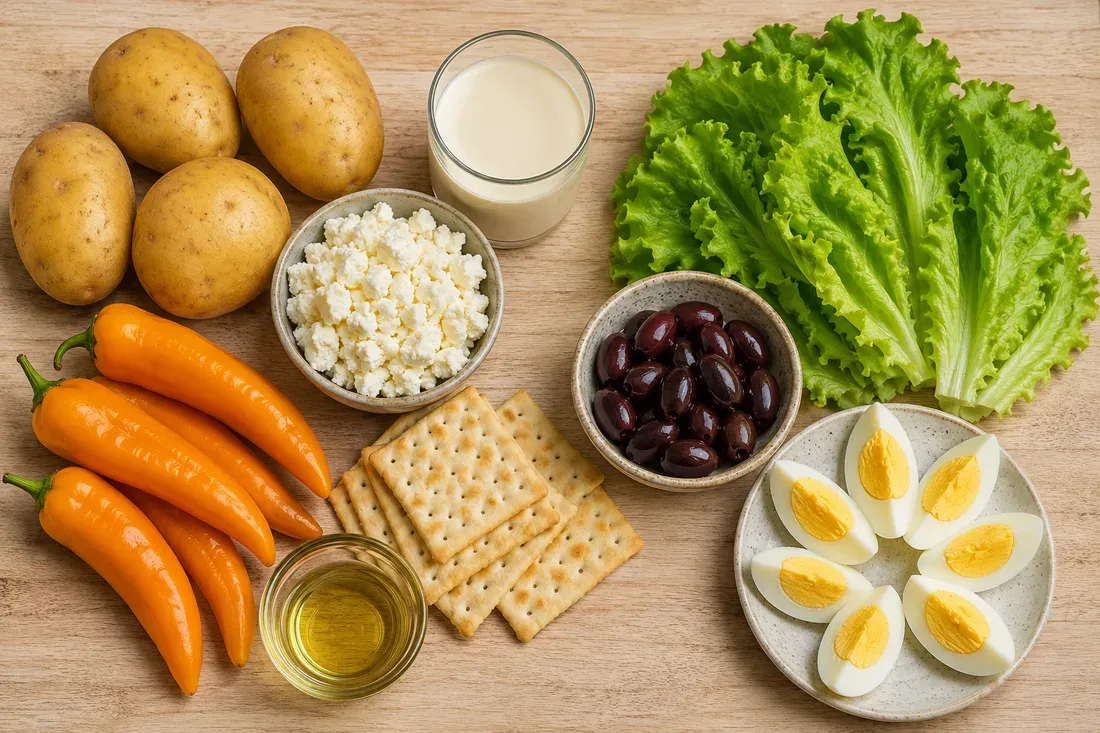 Yellow potatoes, fresh ají amarillo chiles, queso fresco, evaporated milk, soda crackers, oil, black olives, lettuce and boiled eggs