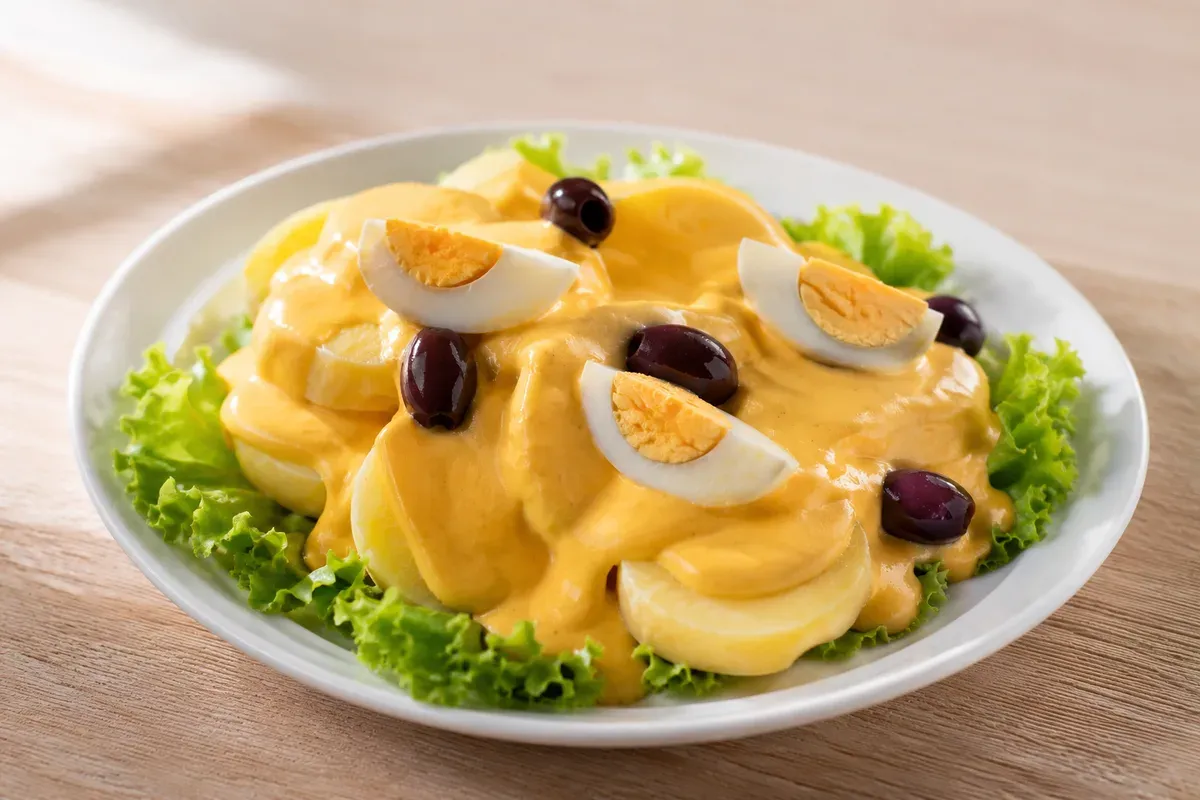 Thick slices of yellow potato on lettuce under golden huancaína sauce, topped with quartered boiled egg and black olives