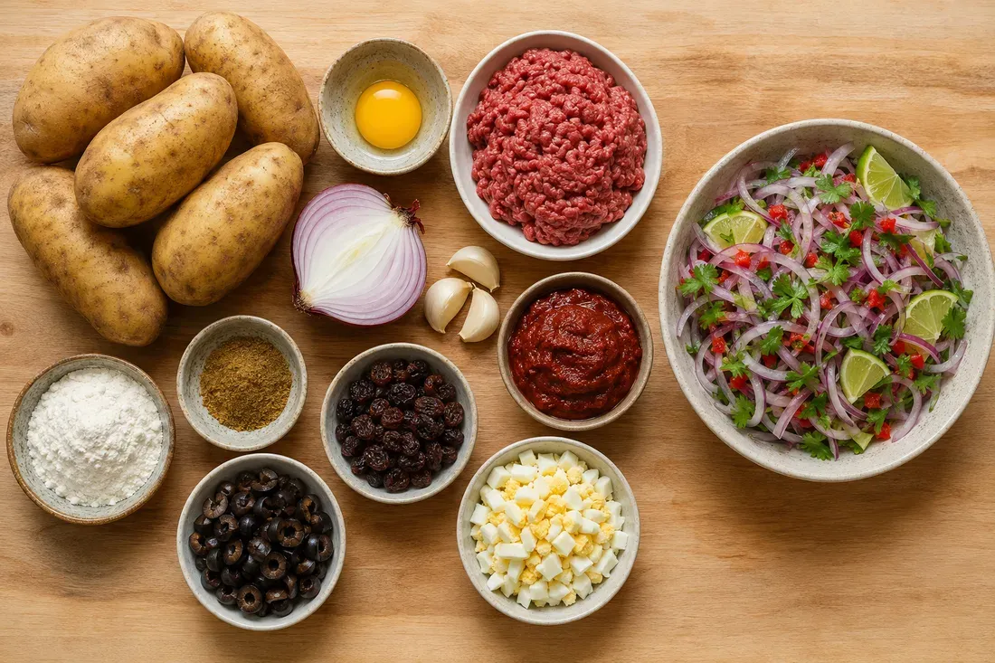 Mashed potato dough, ground beef, raisins and olives laid out before shaping