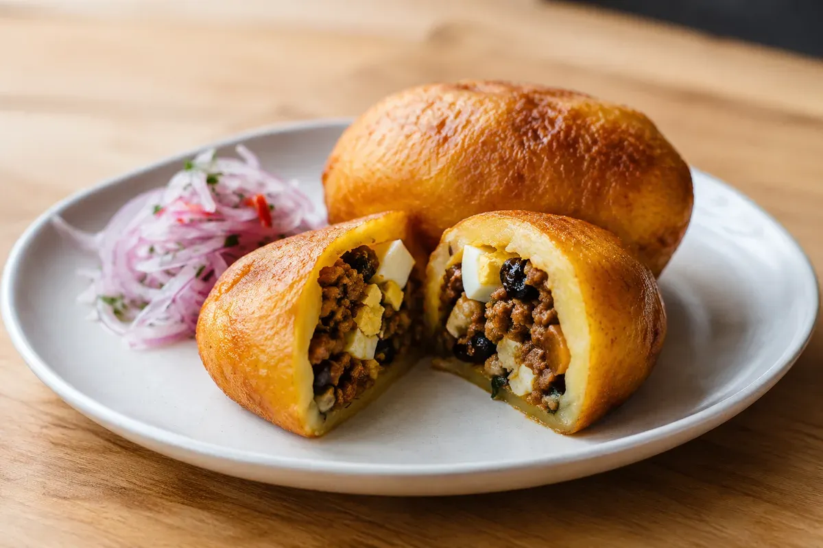 A golden fried papa rellena cut open to show its beef and olive filling