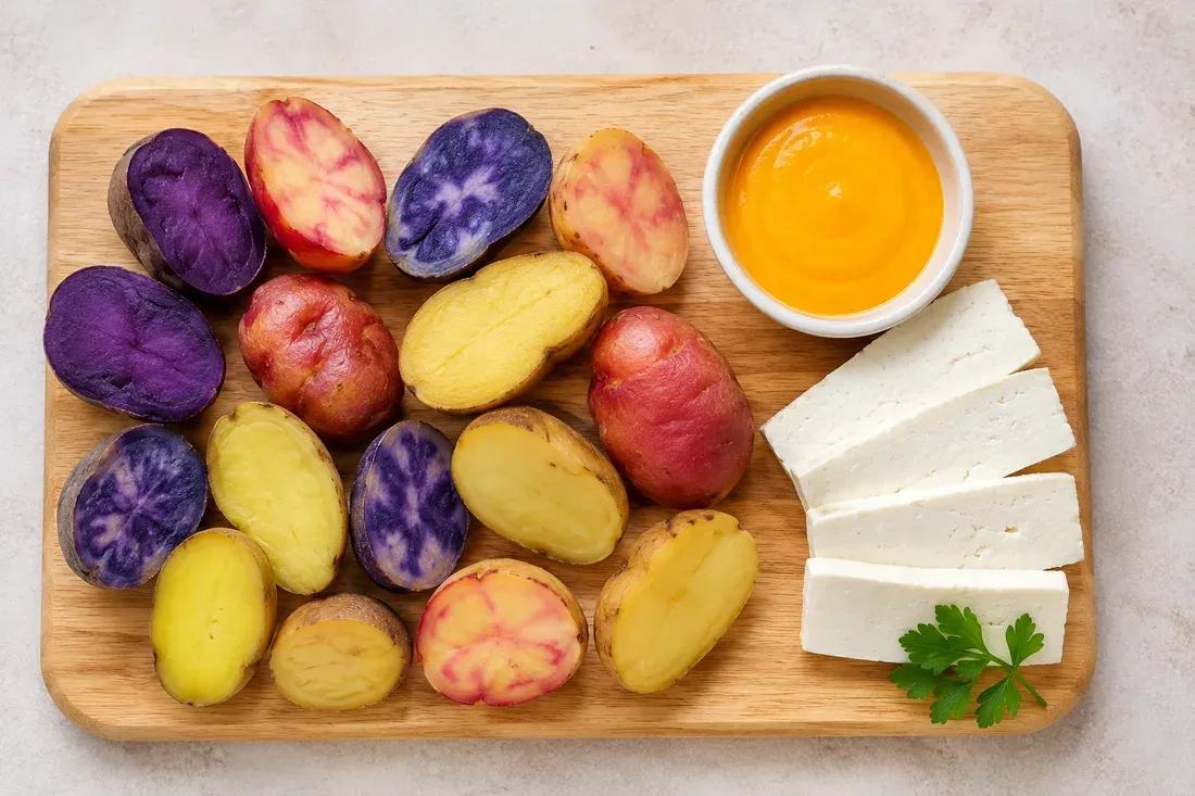 Halved native potatoes in purple, red-marbled and yellow, a bowl of ají amarillo sauce and slices of queso fresco on a wooden board