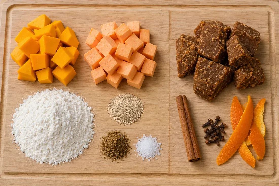 Cubed squash and sweet potato, flour, yeast, ground anise and salt on one side; blocks of chancaca, a cinnamon stick, cloves and orange peel on the other