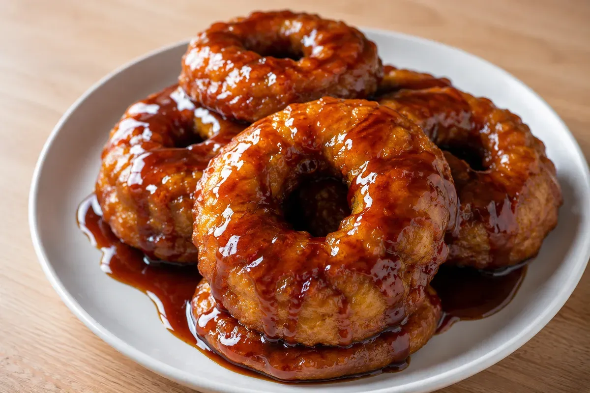 A plate of golden picarones rings drowned in glossy dark chancaca syrup