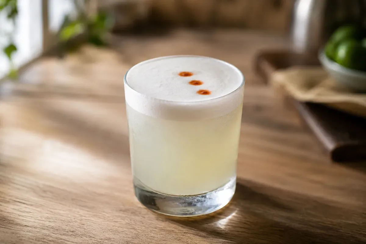 A pisco sour in a chilled glass with thick white foam and three drops of bitters