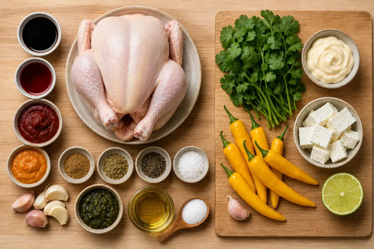 All the ingredients for pollo a la brasa laid out: whole chicken, soy sauce, vinegar, ají pastes, spices, garlic, and the ají verde ingredients
