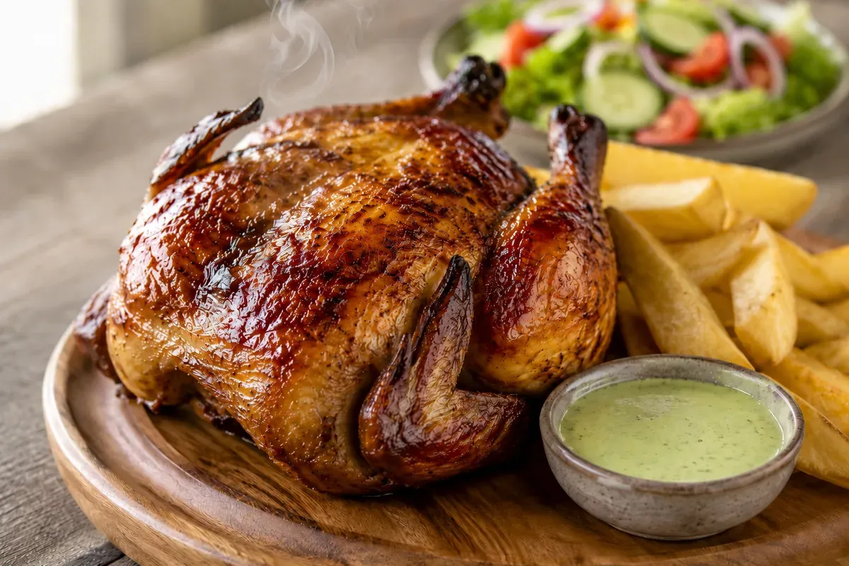 A whole roast pollo a la brasa with mahogany skin, thick-cut fries and a bowl of green ají sauce
