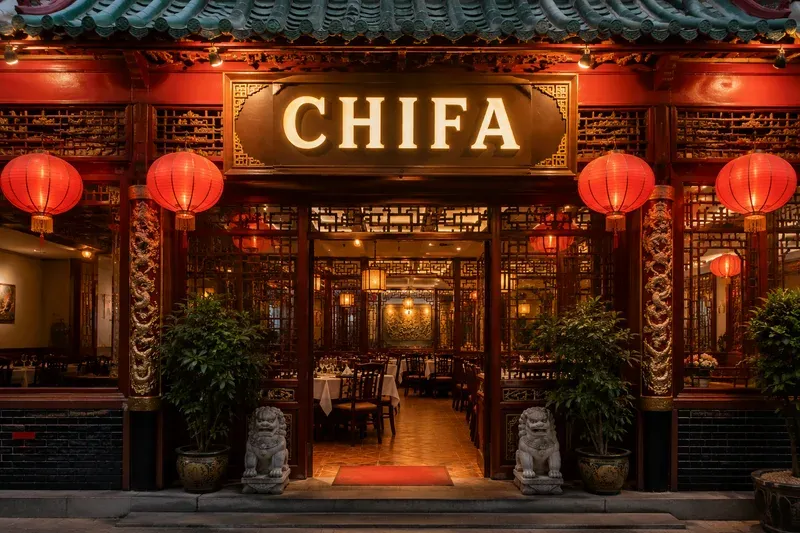 The ornate red-and-gold facade of a Peruvian chifa restaurant at dusk