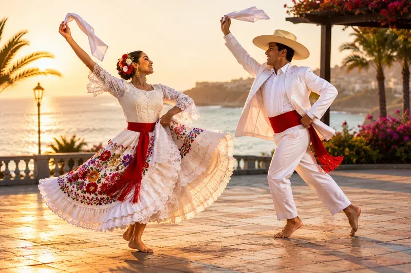 A couple dancing the marinera, Peru's coastal dance, at sunset by the sea