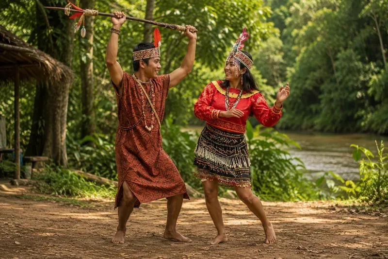 A couple performing a traditional Amazon dance in the rainforest