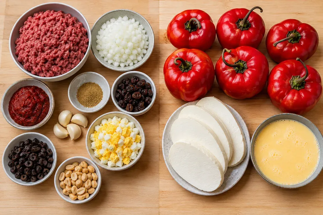 Rocotos, ground beef and aderezo ingredients on one side; raisins, olives, eggs and cheese on the other