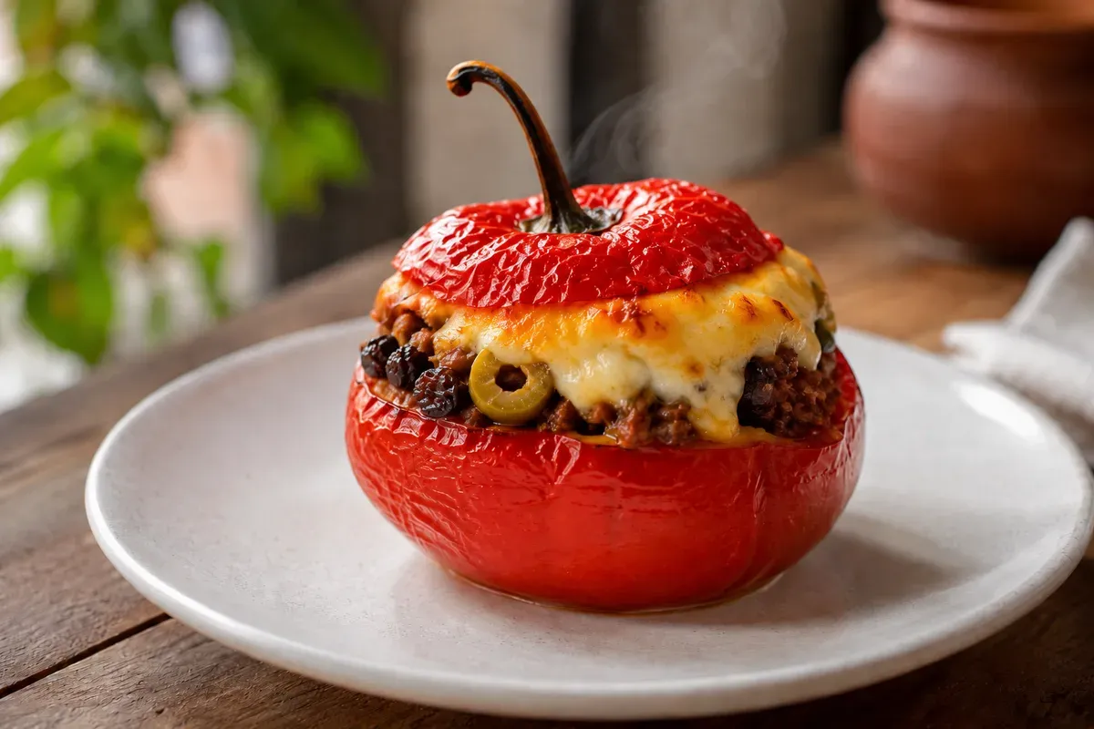 A baked stuffed rocoto pepper capped with melted cheese