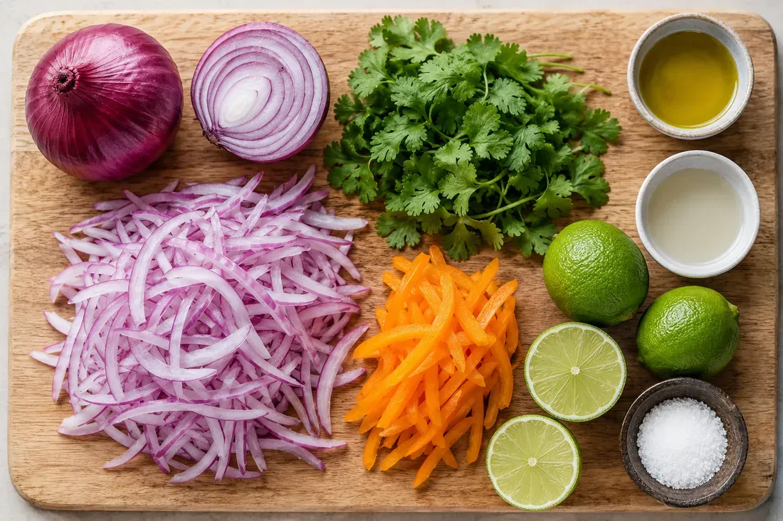 Red onion whole and finely julienned, cilantro, ají amarillo strips, limes, oil, vinegar and salt