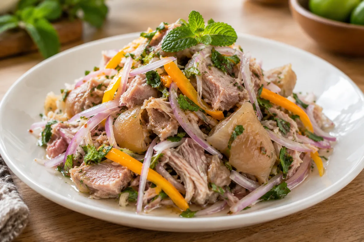 Sarsa de patitas, sliced pork trotter salad with onion
