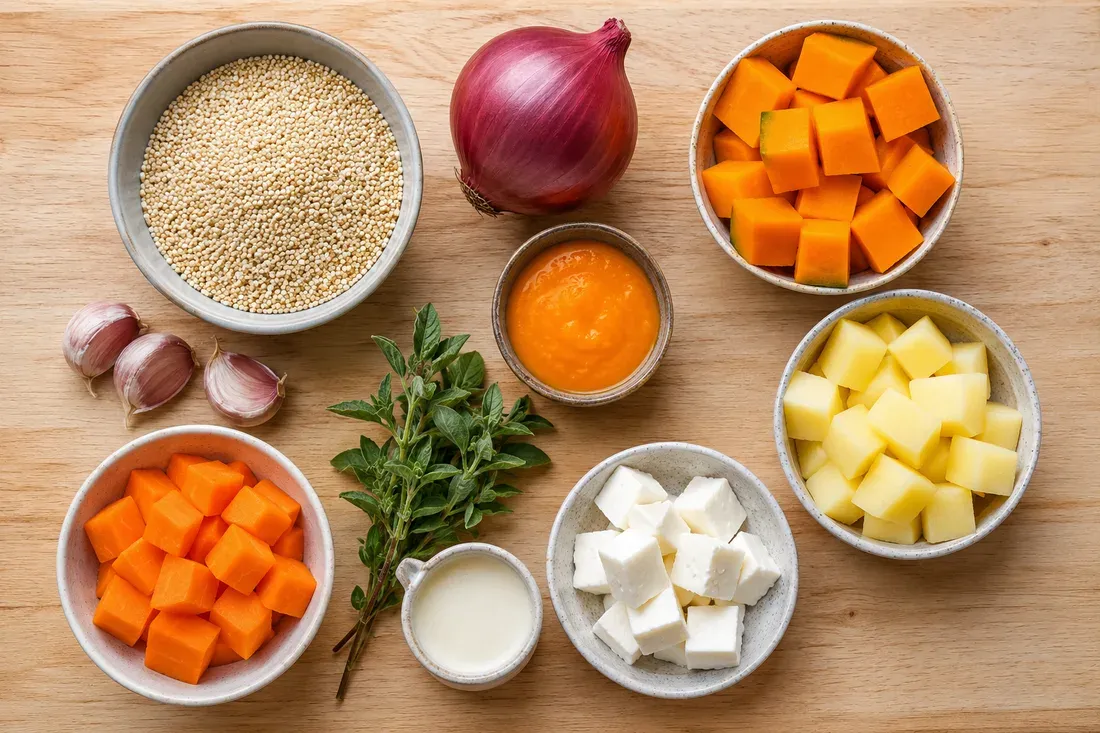 Quinoa, red onion, garlic, ají amarillo paste, cubed squash and carrot, potato, a huacatay sprig, evaporated milk and queso fresco