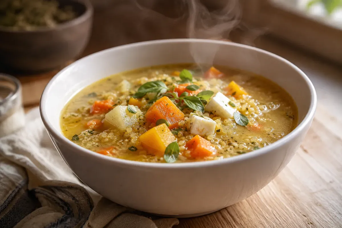 A steaming bowl of Andean quinoa soup with carrot, squash, potato, quinoa, fresh cheese cubes and herbs