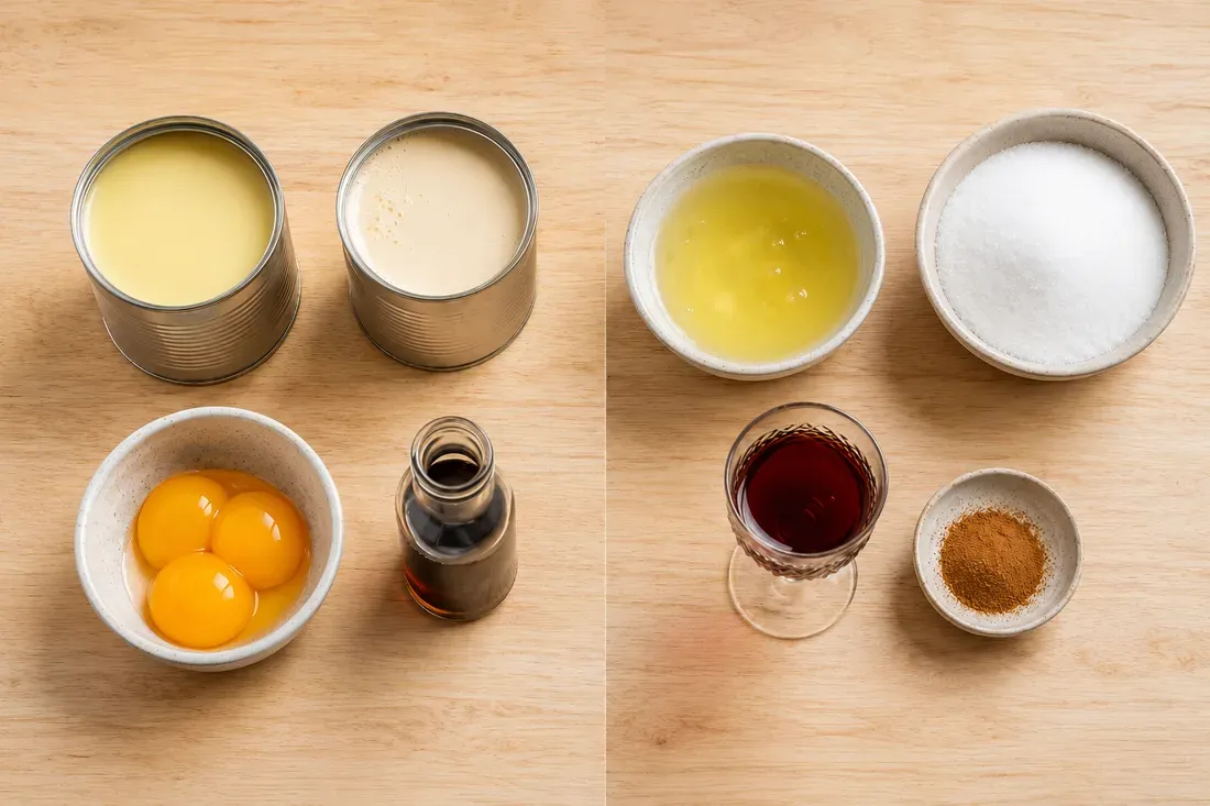 Condensed milk, evaporated milk, egg yolks and vanilla for the base; egg whites, sugar, port wine and ground cinnamon for the meringue