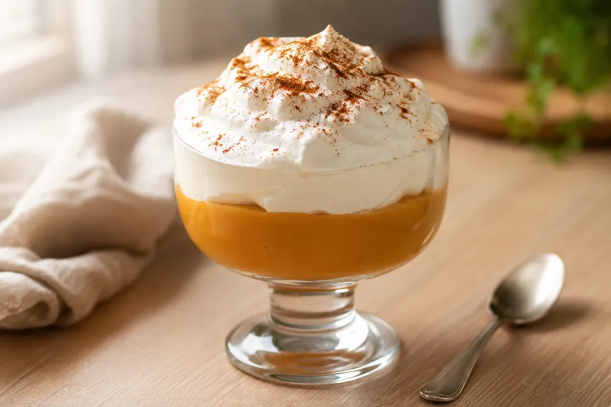 A footed glass of suspiro a la limeña: golden manjar blanco under a tall cloud of meringue dusted with cinnamon