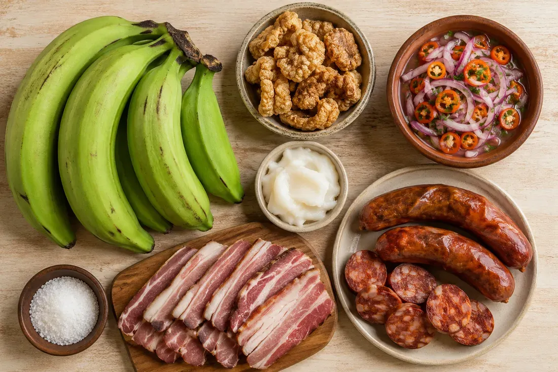 Green plantains, pork cracklings and lard on one side; cecina and regional chorizo on the other