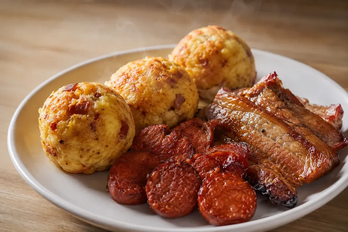 Two rustic balls of mashed plantain beside slices of smoked cecina
