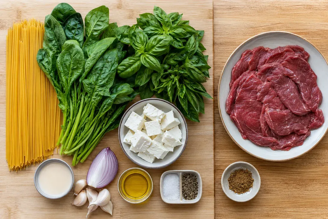 Spinach, basil, queso fresco and evaporated milk laid out before blending the sauce